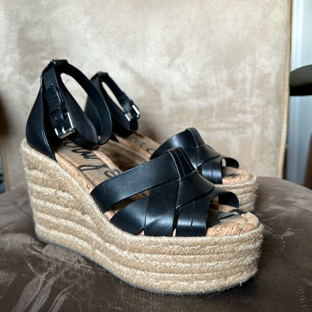 Sam Edelman Marietta Leather Peep-Toe Espadrille Wedge Sandals size 7.5.